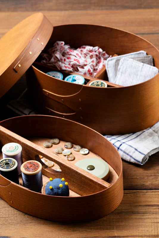 Shaker Sewing Box – oval cherry wood sewing box for thread, needles and buttons