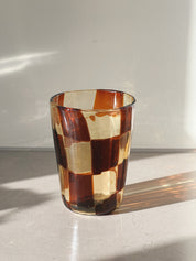 Håndblæst Murano Glas med skaktern i karamel og brun Murano