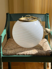 Vintage murano swirl pendel loftslampe | Hvid med messing, Ø34 cm Murano