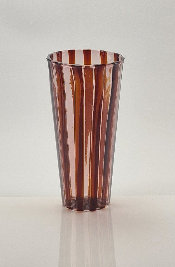 Mundblæst Murano Vase i Glas | Karamelfarvede og Ametyst Striber Murano