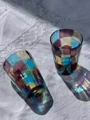 Håndblæst Murano Glas med skaktern i lyseblå, ametyst og lysegul Murano