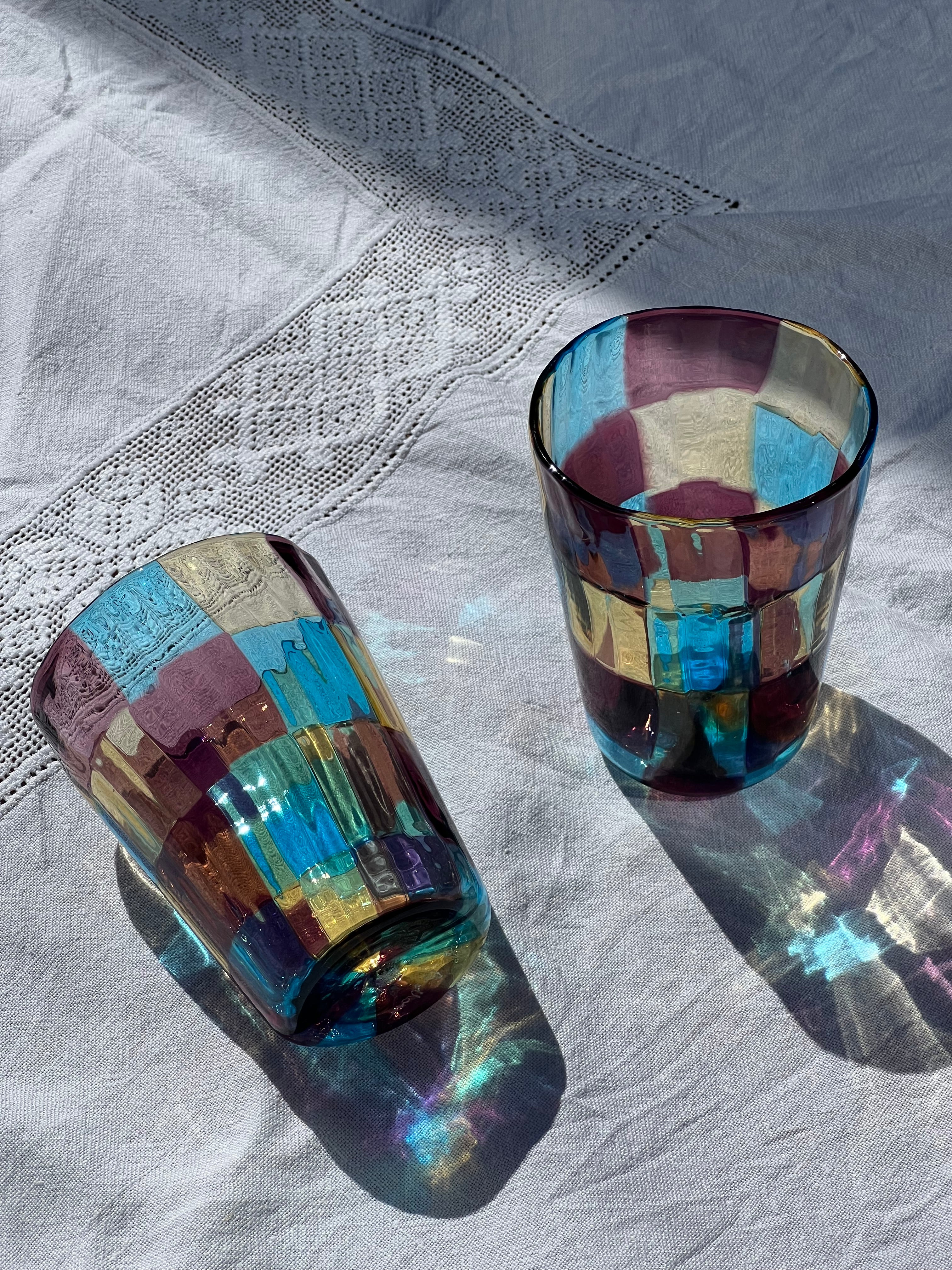Håndblæst Murano Glas med skaktern i lyseblå, ametyst og lysegul Murano