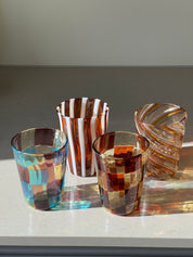 Håndblæst Murano Glas med skaktern i lyseblå, ametyst og lysegul Murano