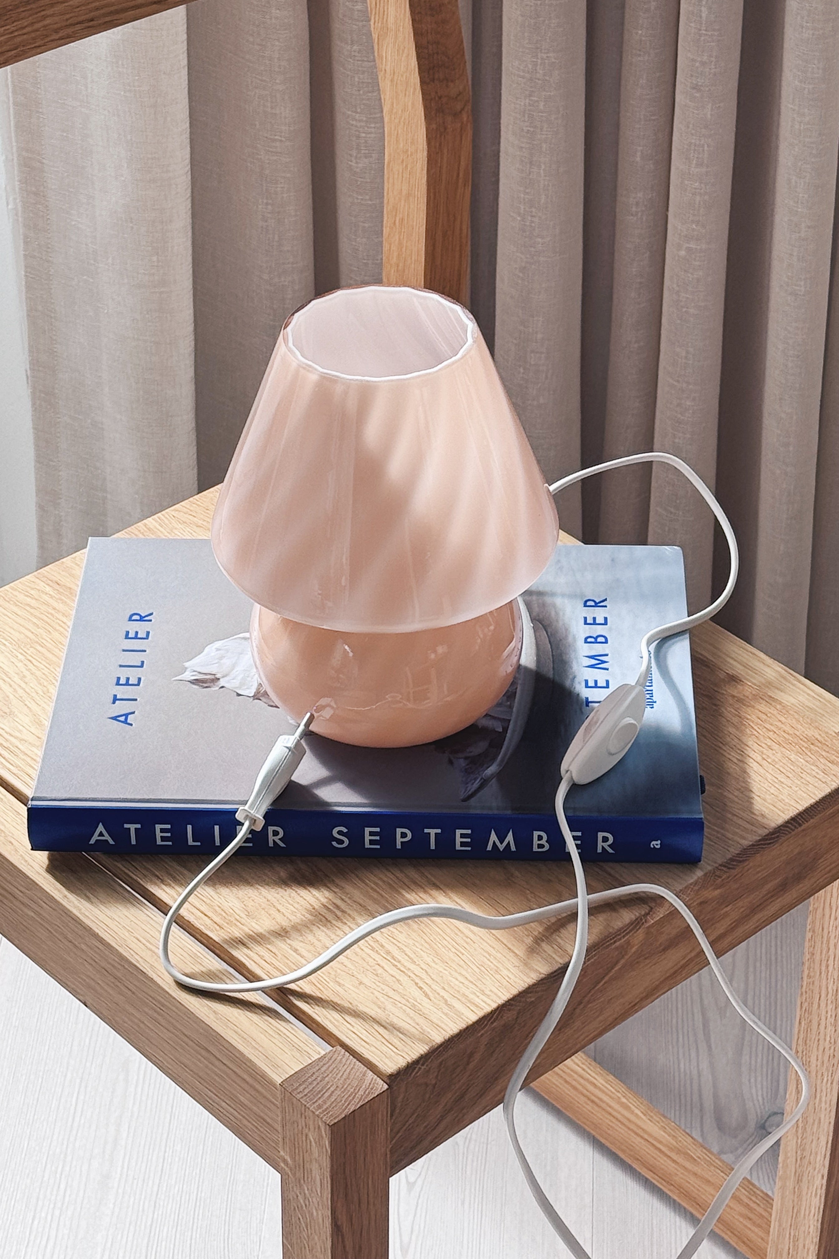 Pink Murano mushroom table lamp with new white cord and inline switch