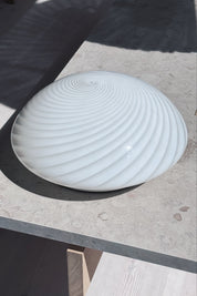 Vintage Murano plafond ceiling lamp in white swirl glass seen from the side, Ø34 cm