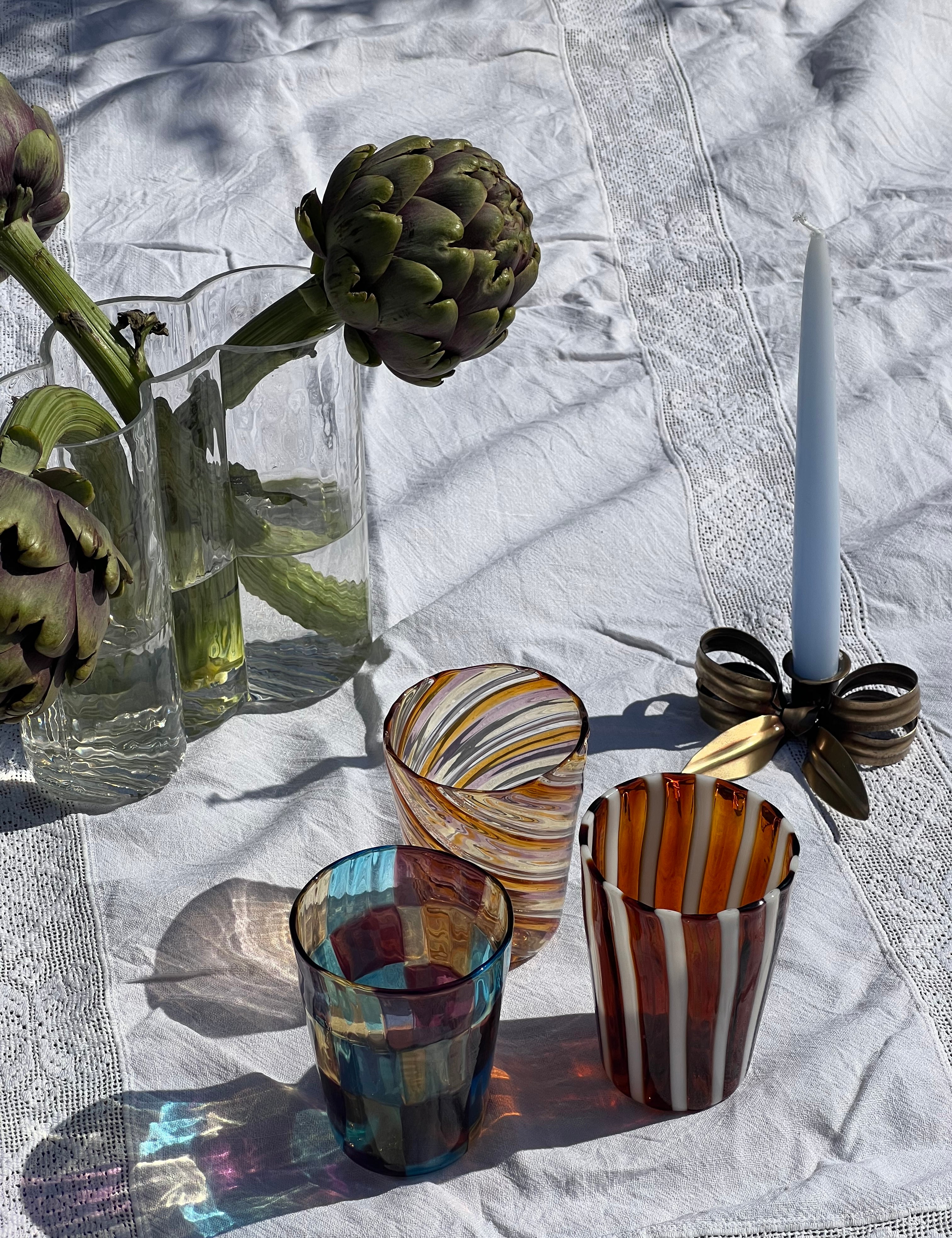 Håndblæst Murano Glas i Gio Ponti Stil med Saltkaramel og hvide Striber Murano