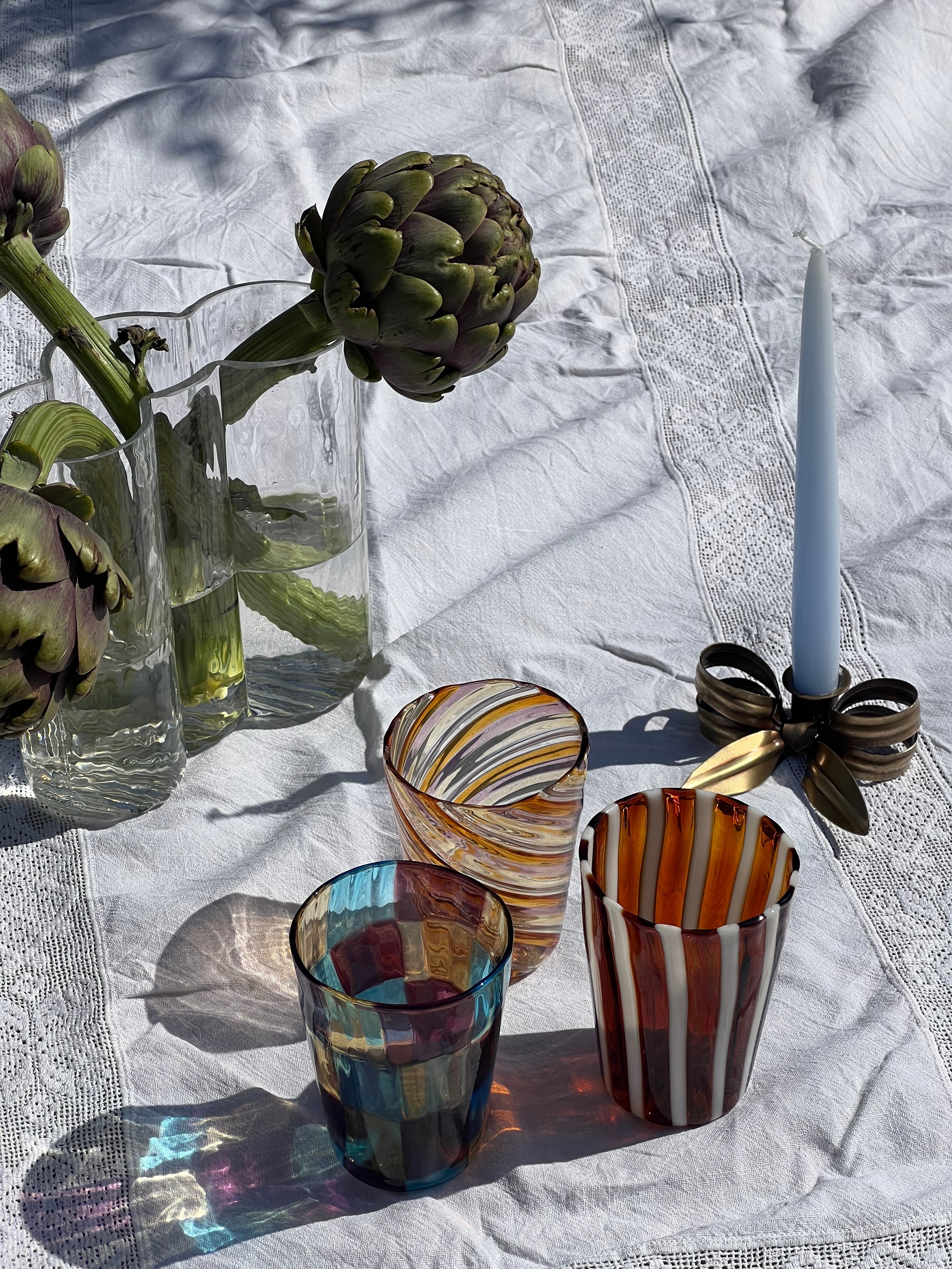 Håndblæst Murano Glas i Gio Ponti Stil med Saltkaramel og hvide Striber Murano