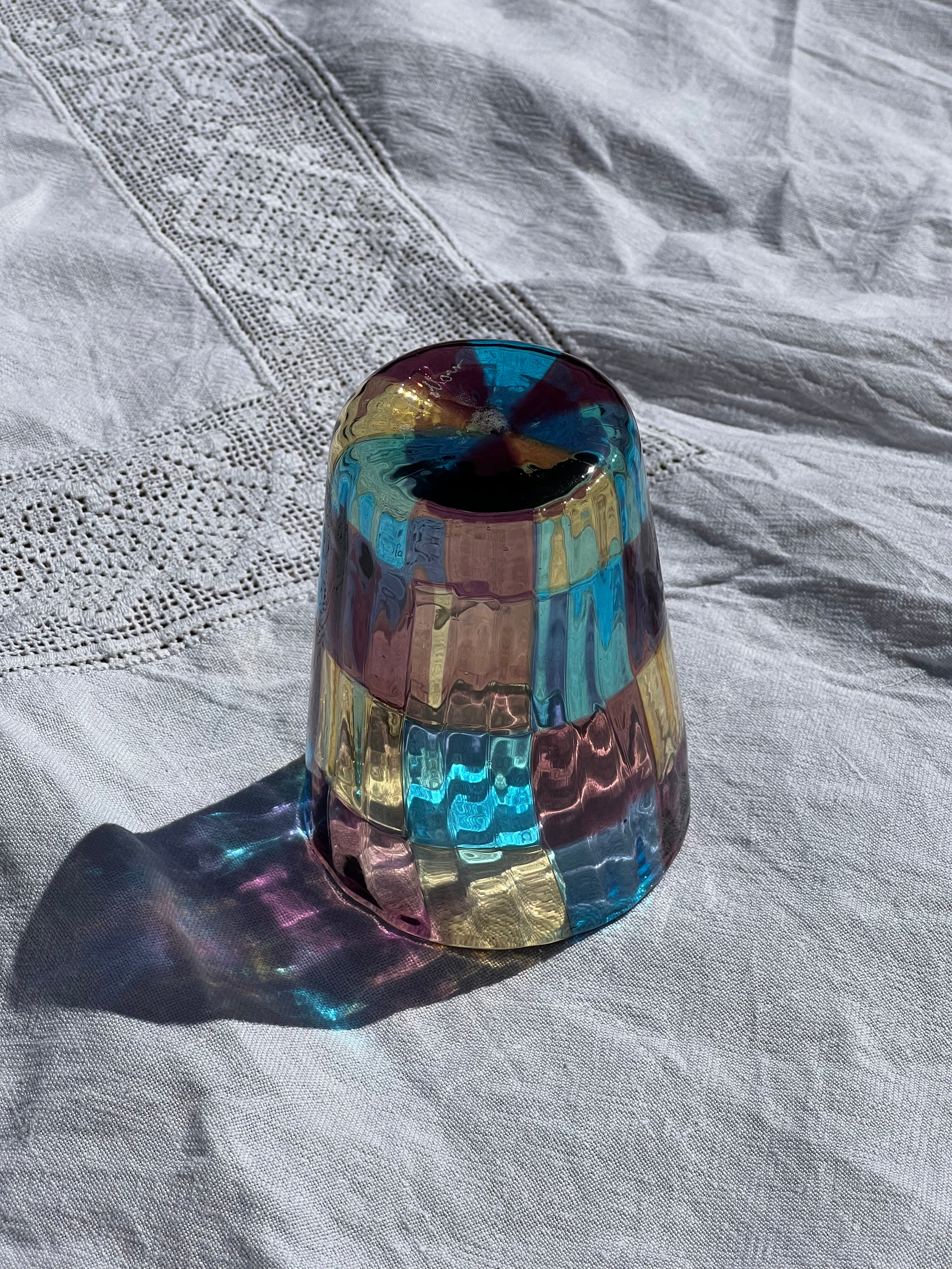 Håndblæst Murano Glas med skaktern i lyseblå, ametyst og lysegul Murano