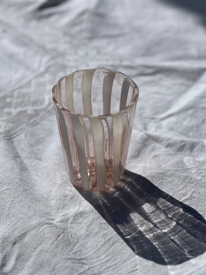 Håndblæst Murano Glas med Lys Pink og Hvide Striber Murano