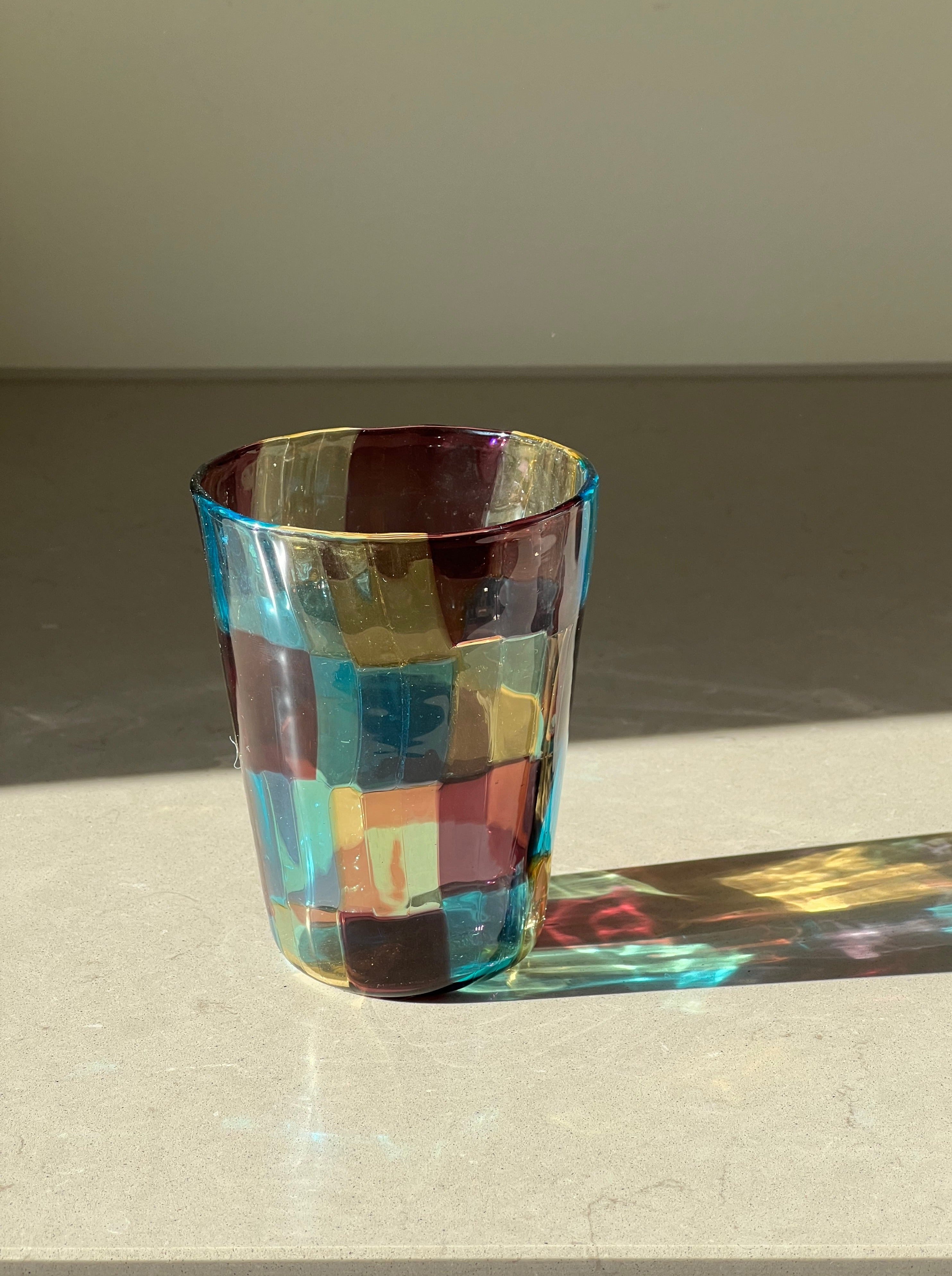 Håndblæst Murano Glas med skaktern i lyseblå, ametyst og lysegul Murano