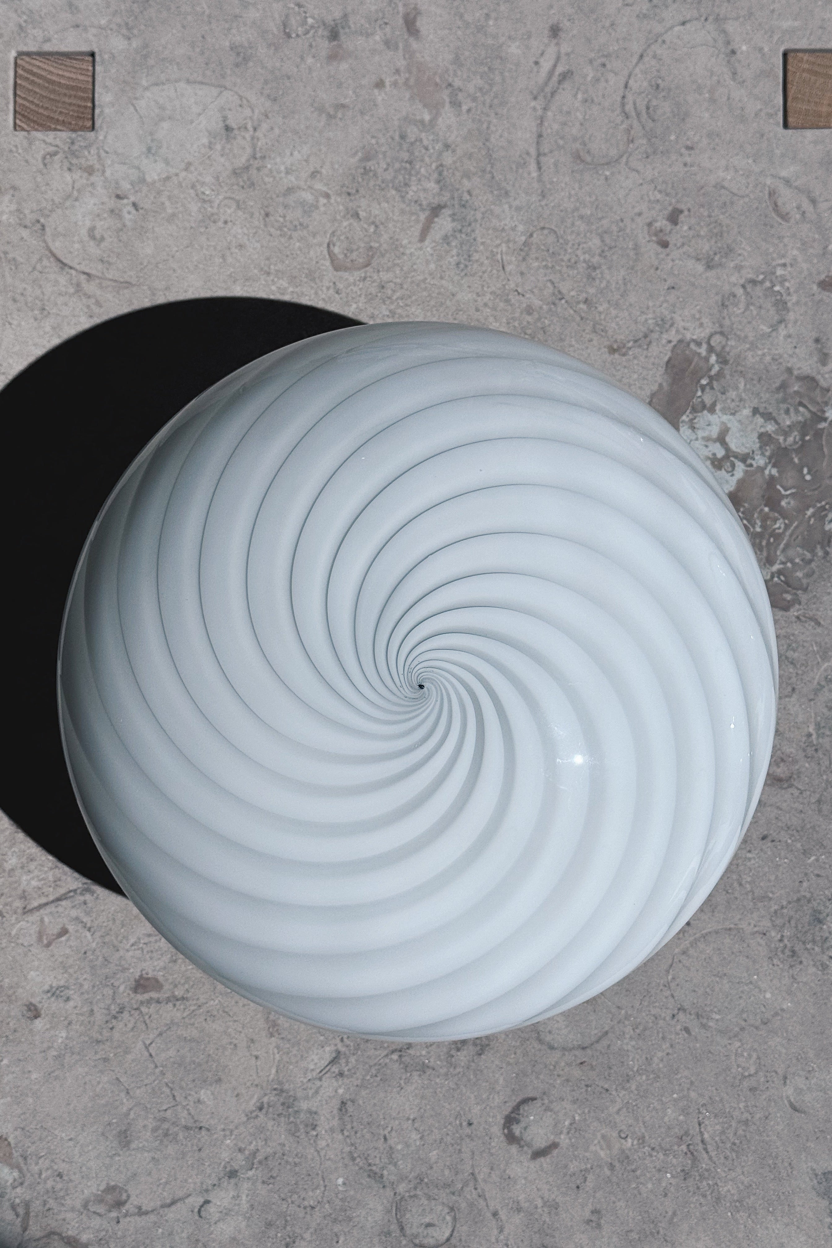 Vintage Murano ceiling light in white swirl glass seen close up