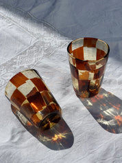 Håndblæst Murano Glas med skaktern i lysebrun/karamel og mørkebrun Murano