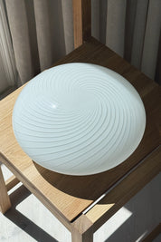 Vintage Murano plafond ceiling lamp in white swirl glass seen from above at an angle, Ø28 cm