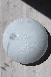 Vintage Murano plafond ceiling lamp in white swirl glass seen at an angle from the front, Ø32 cm