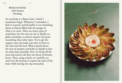 Recipe for boiled artichoke with sesame dressing served on a white plate against a green backdrop