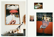 Spread from Apollo with a framed photo of a red fly agaric and a guest at the bar with the bottle shelf behind