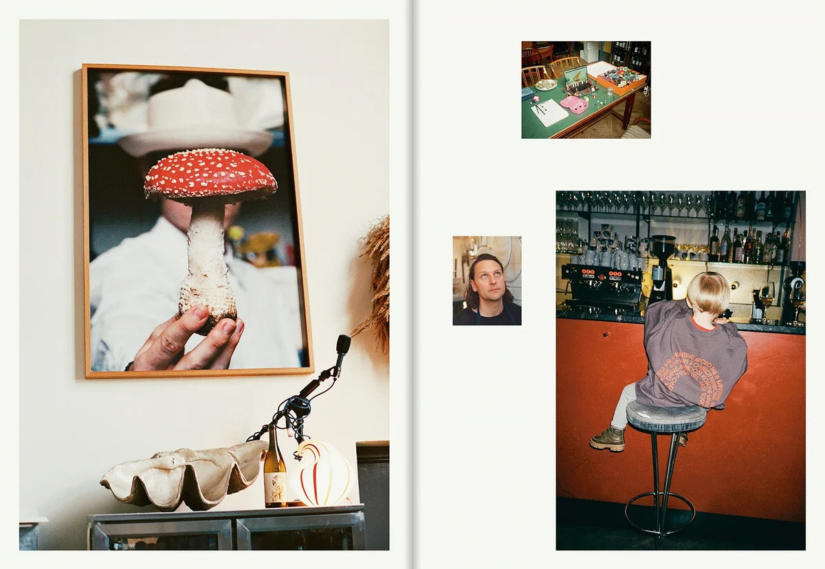 Spread from Apollo with a framed photo of a red fly agaric and a guest at the bar with the bottle shelf behind
