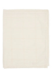 Anne-Mi Skovbjerg linen table runner in white sand, folded, with embroidered square pattern, hemstitch and lace edge, Studio Hafnia
