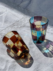 Håndblæst Murano Glas med skaktern i lyseblå, ametyst og lysegul Murano