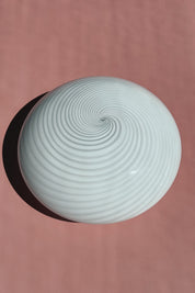Vintage Murano plafond ceiling lamp in white swirl glass seen from above at an angle, Ø29 cm