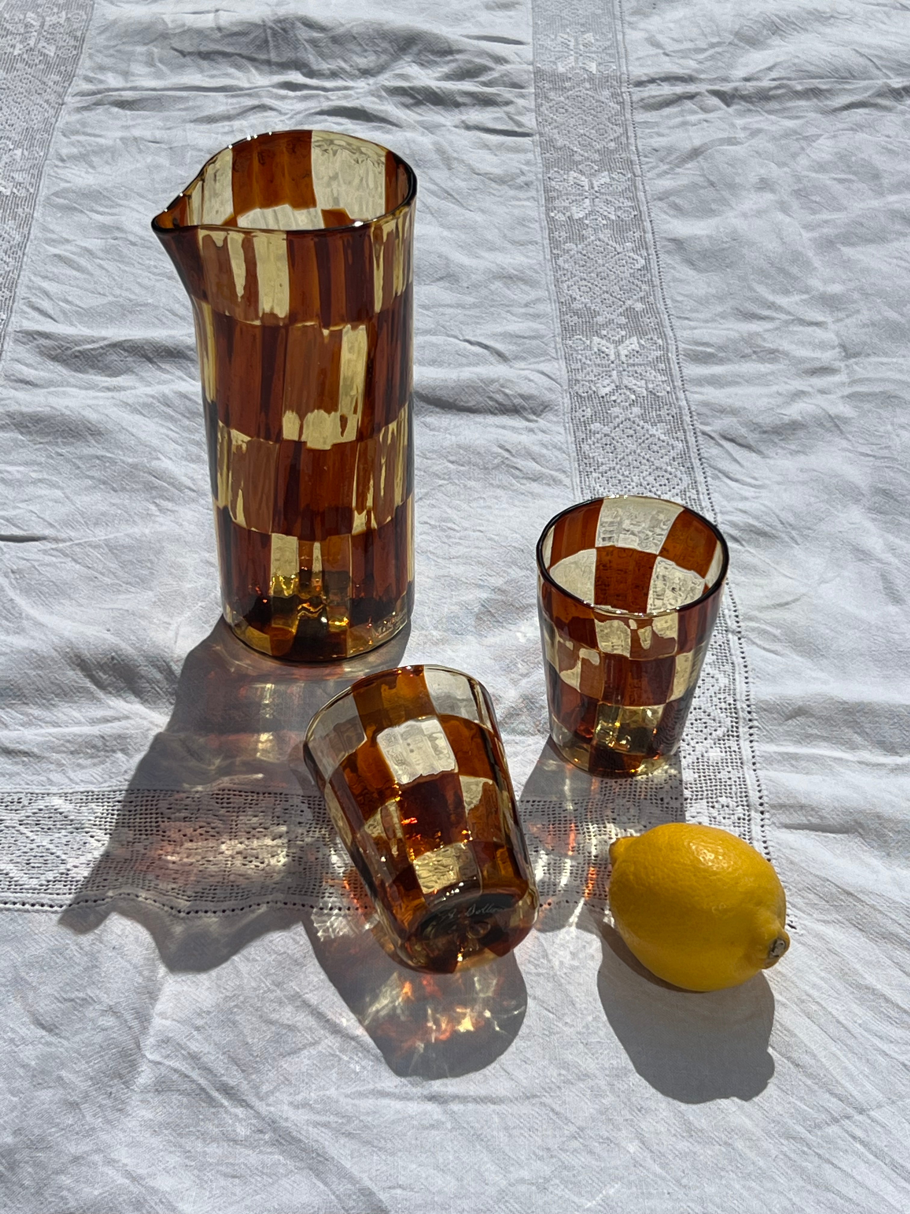 Håndblæst Murano Karaffel i Glas med Skaktern i Lysebrun/karamel og Mørkebrun STUDIO HAFNIA