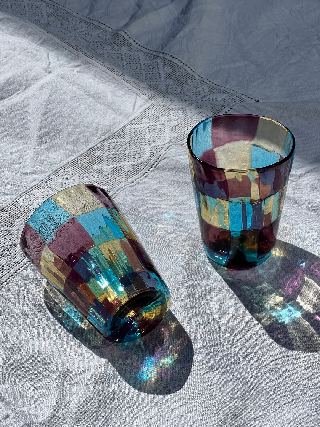 Håndblæst Murano Glas med skaktern i lyseblå, ametyst og lysegul Murano