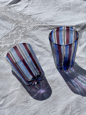 Håndblæst Murano Glas med Blå, Ametyst og Hvide Striber Murano