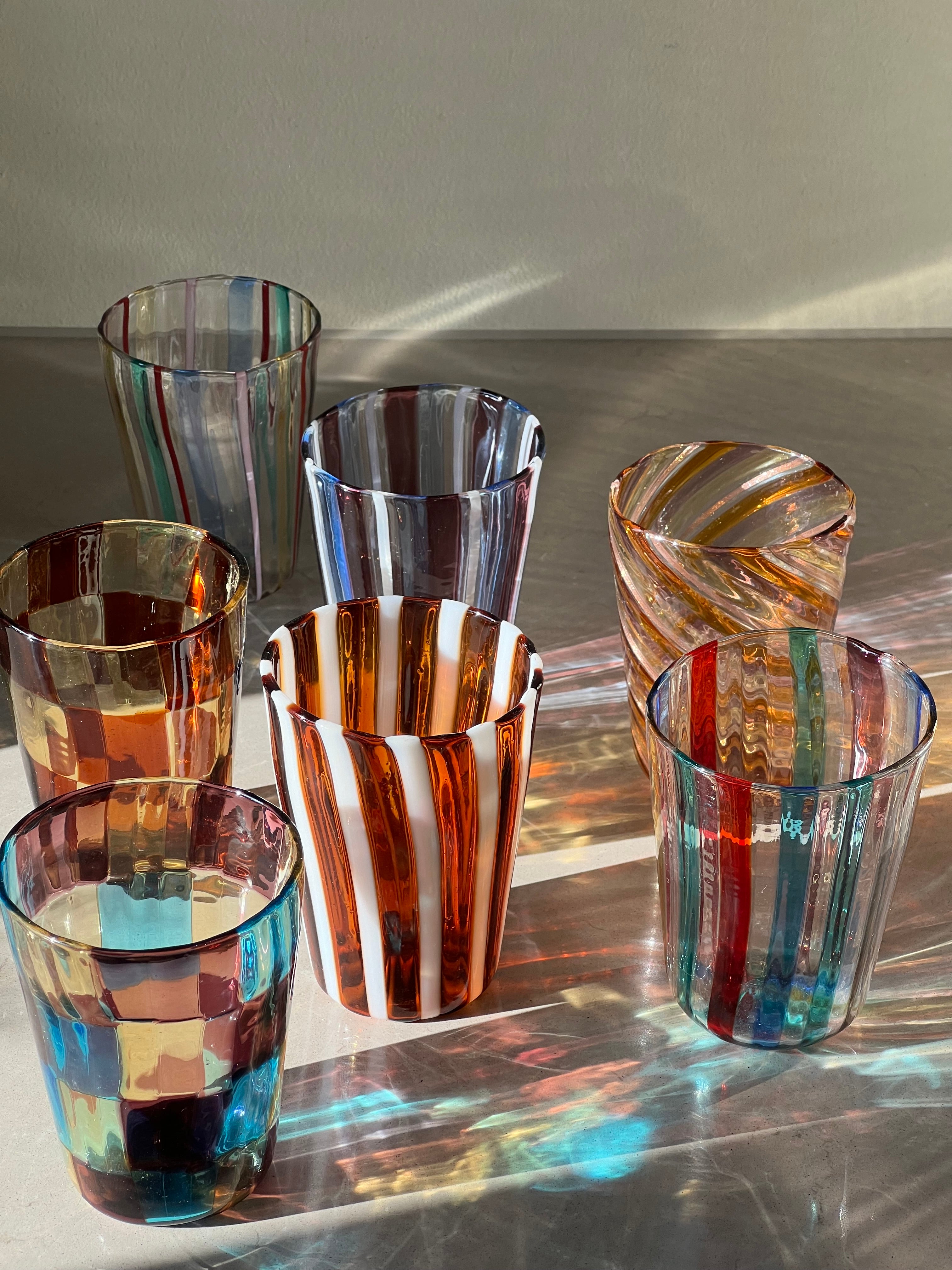Håndblæst Murano Glas med skaktern i lyseblå, ametyst og lysegul Murano