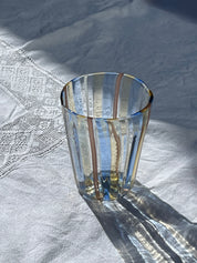 Håndblæst Murano Glas med Blå, Gule, Hvide og Brune Striber Murano