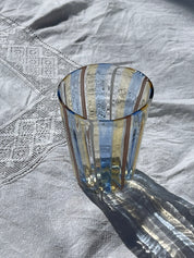 Håndblæst Murano Glas med Blå, Gule, Hvide og Brune Striber Murano