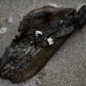 Inger Earrings in solid 925 sterling silver on driftwood by the water, with an organic water-worn surface