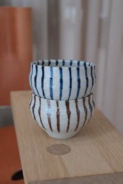 Japanese cup in white with blue thin stripes