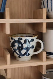 Japanese ceramic mug – white with blue pattern and brown rim (250 ml)