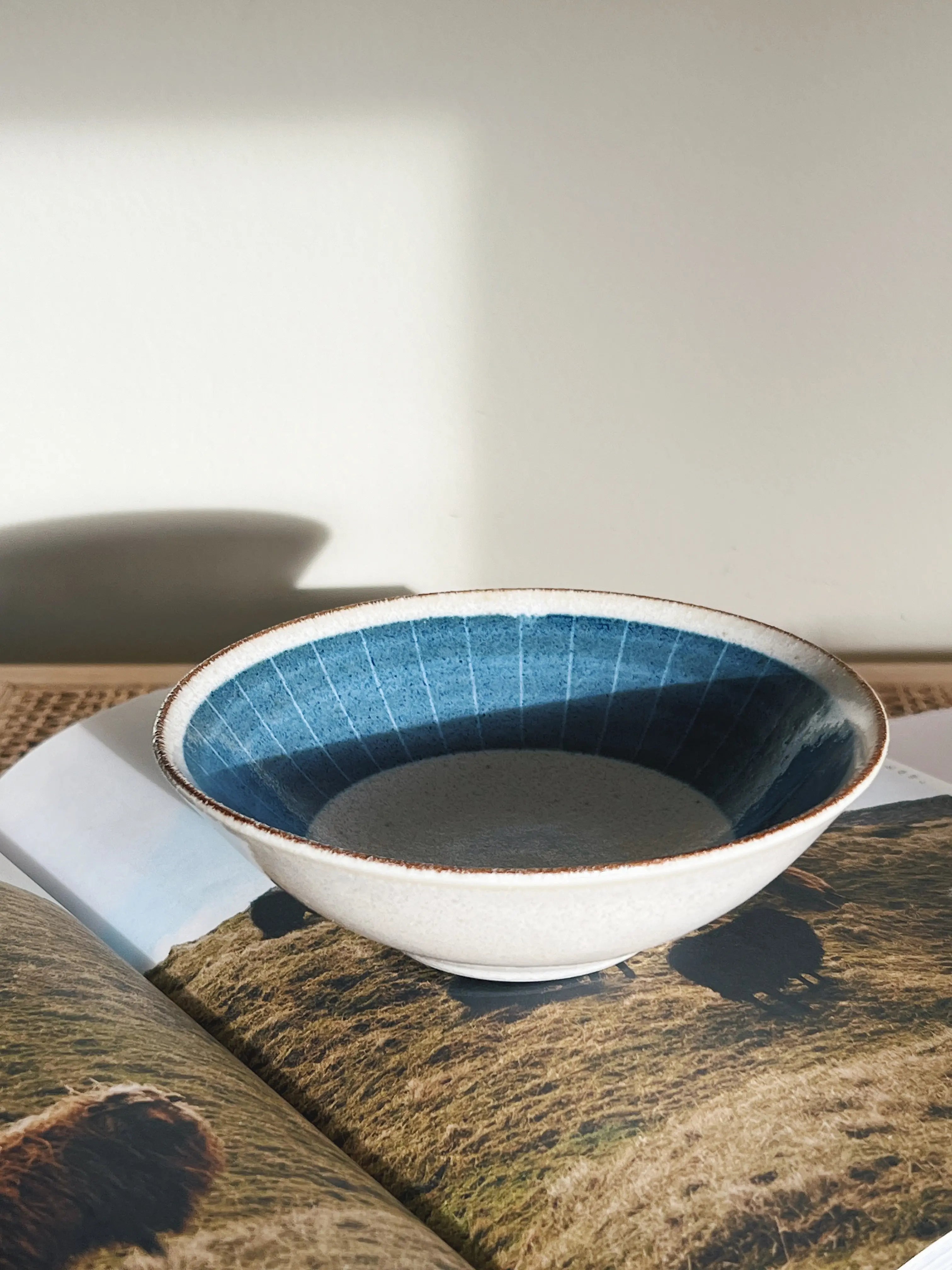 Japansk skål med blåt mønster og brun kant i keramik | 22 cm Studio Hafnia