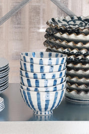 Japanese bowl with wide, blue stripes