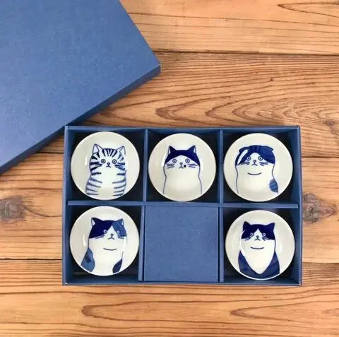 Japansk tallerken med blå kat | Sæt med 5 forskellige | 9 cm Studio Hafnia