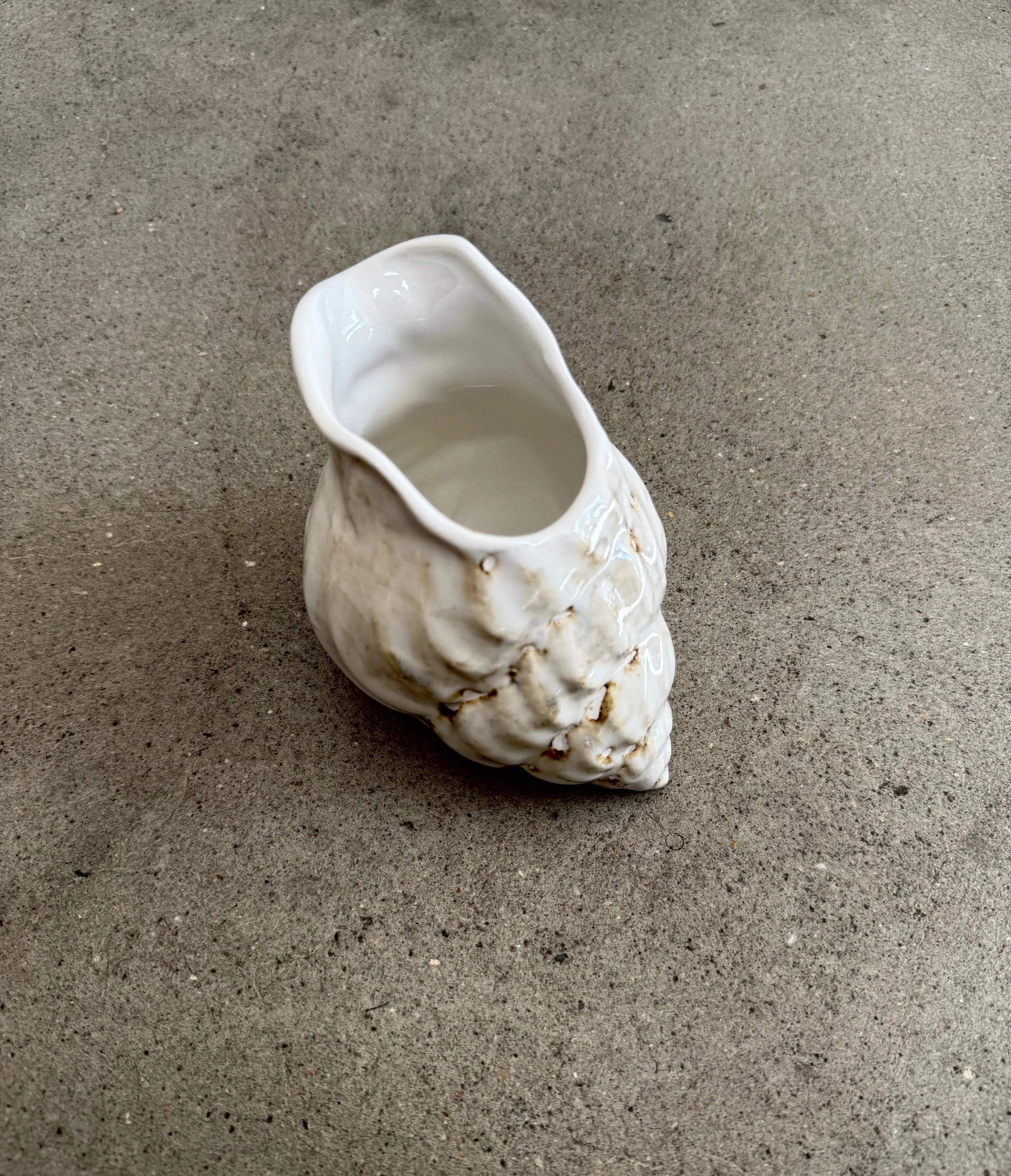 Conch Jug in cream ceramic from the opposite side, showing the tactile ribbed surface