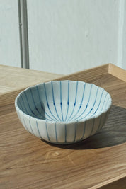Chrysanthemum bowl with thin blue stripes