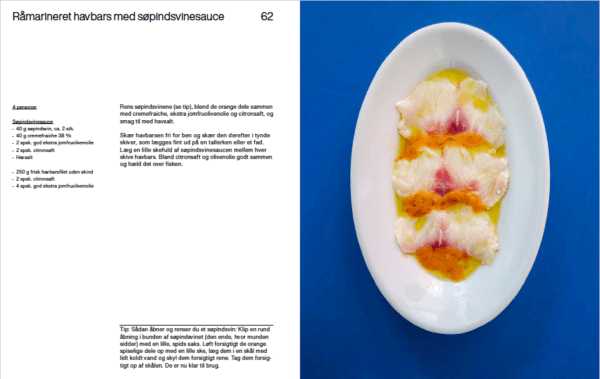 Recipe for raw marinated sea bass with sea urchin sauce served on a white platter against a blue backdrop