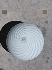 Original Murano Originale Garantito label on white swirl flush mount seen from above