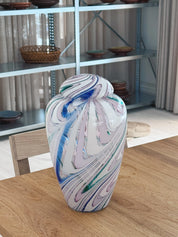 Vintage Murano Vase med Låg i Pink med Multifarvede og Hvide Striber | H25 cm Studio Hafnia