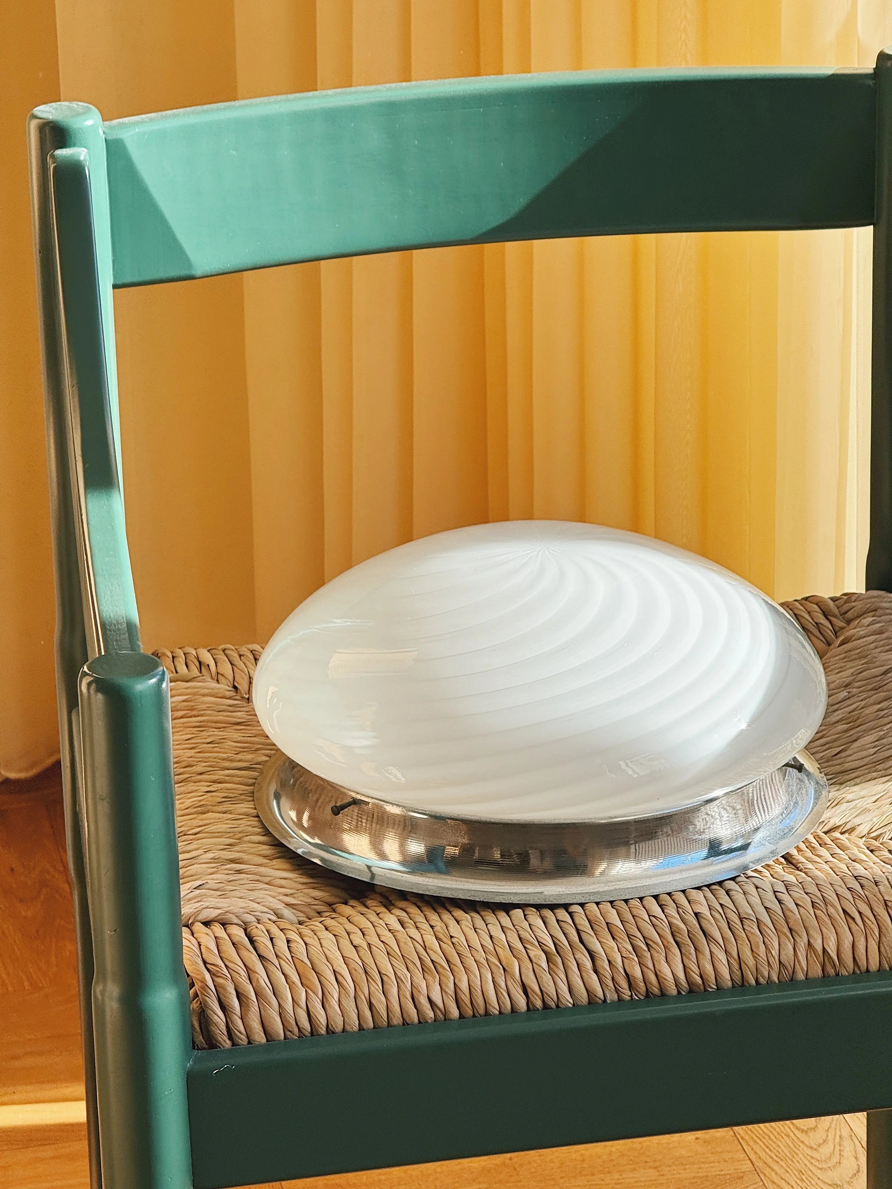 Vintage Murano plafond loftslampe/væglampe | Hvid swirl glas med sølv base, 30 cm Studio Hafnia