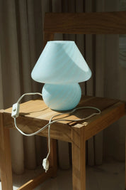 Blue Murano mushroom table lamp with rounded base and wide shade