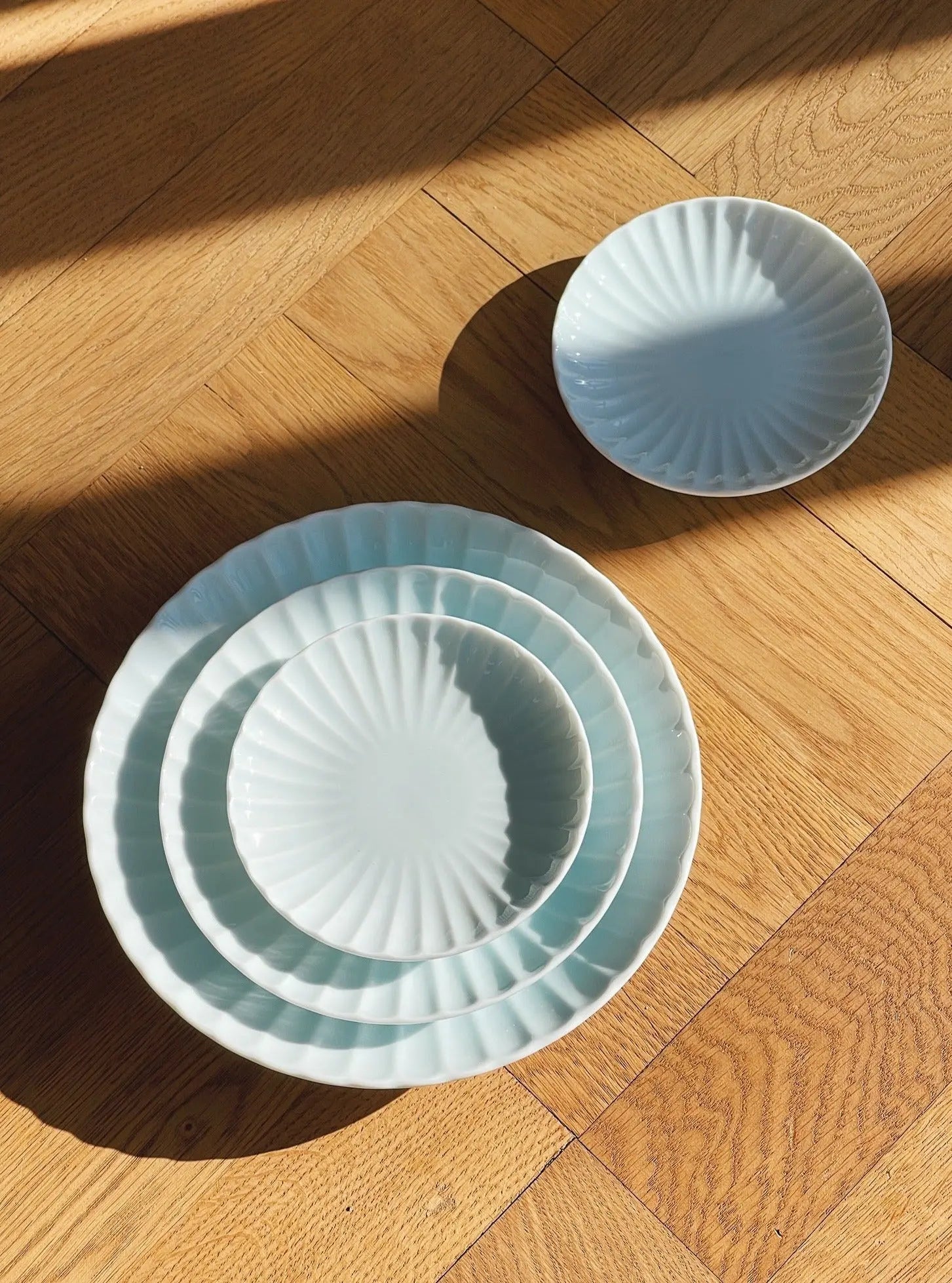 Japanske, blomsterformede chrysanthemum tallerkener | Lyseblå - 4 størrelser Studio Hafnia