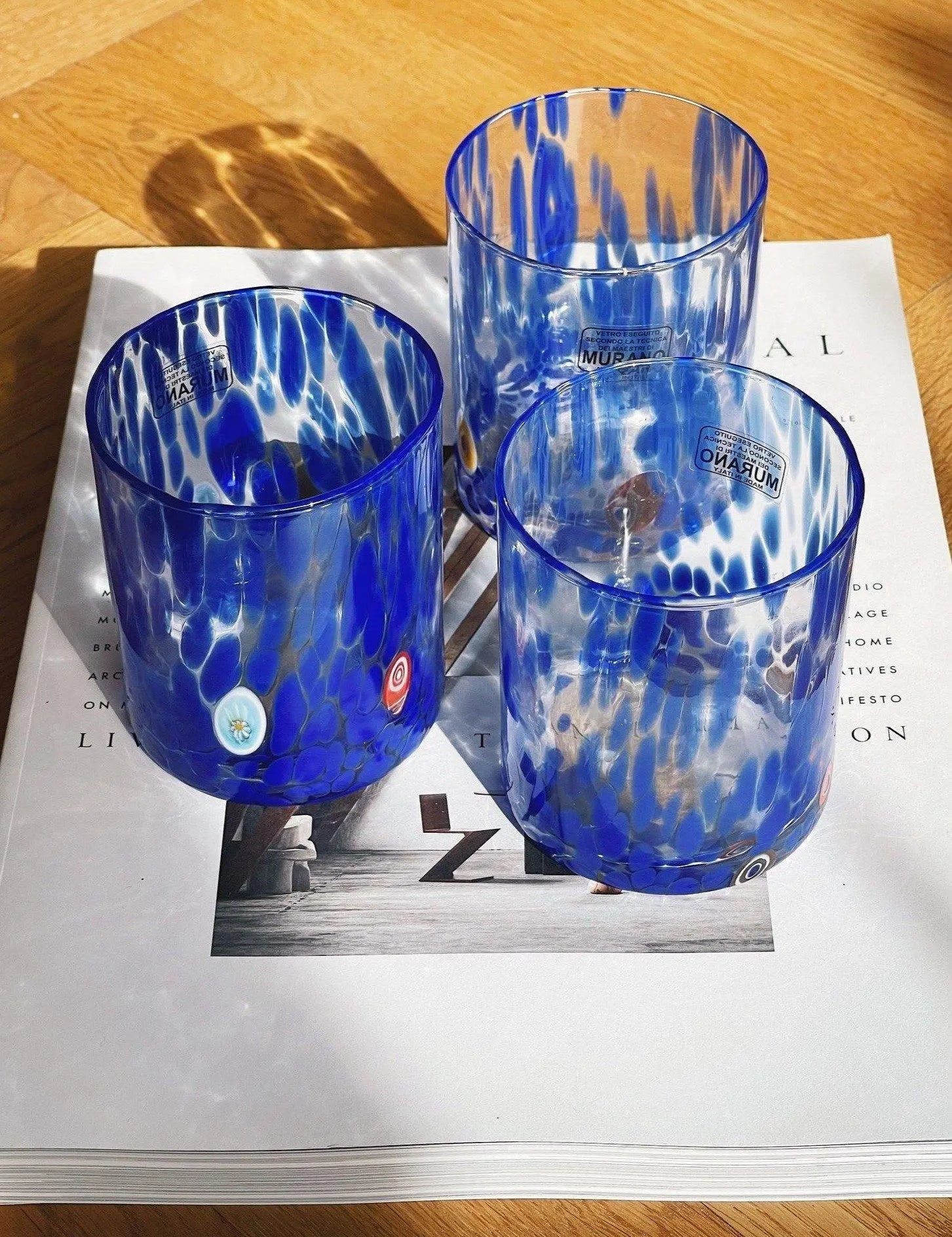 Murano Drikkeglas med flad bund | Gennemsigtig med blå pletter Murano