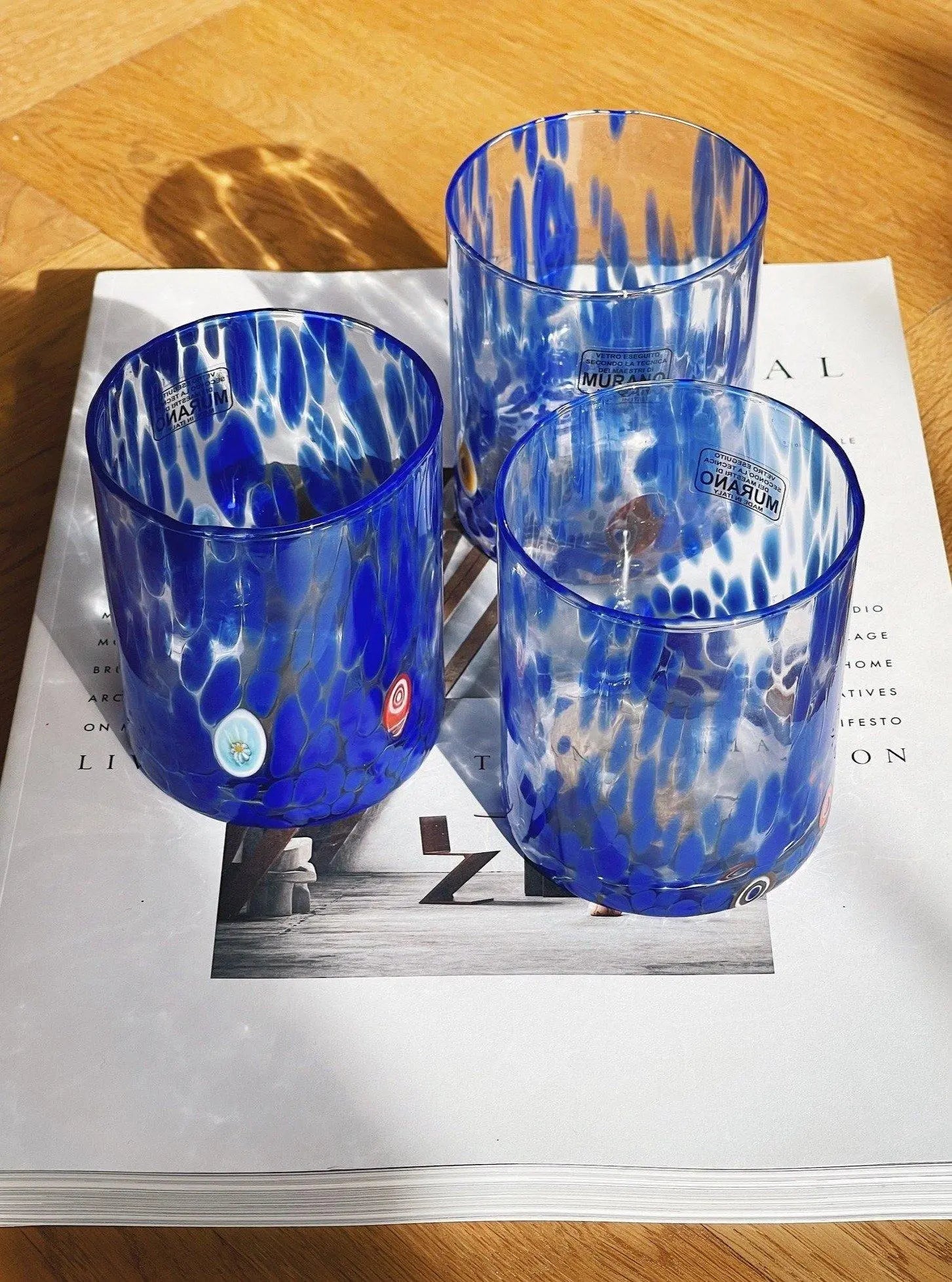 Murano Drikkeglas med flad bund | Gennemsigtig med blå pletter Murano