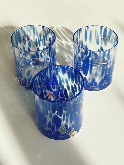 Murano Drikkeglas med flad bund | Gennemsigtig med blå pletter Murano