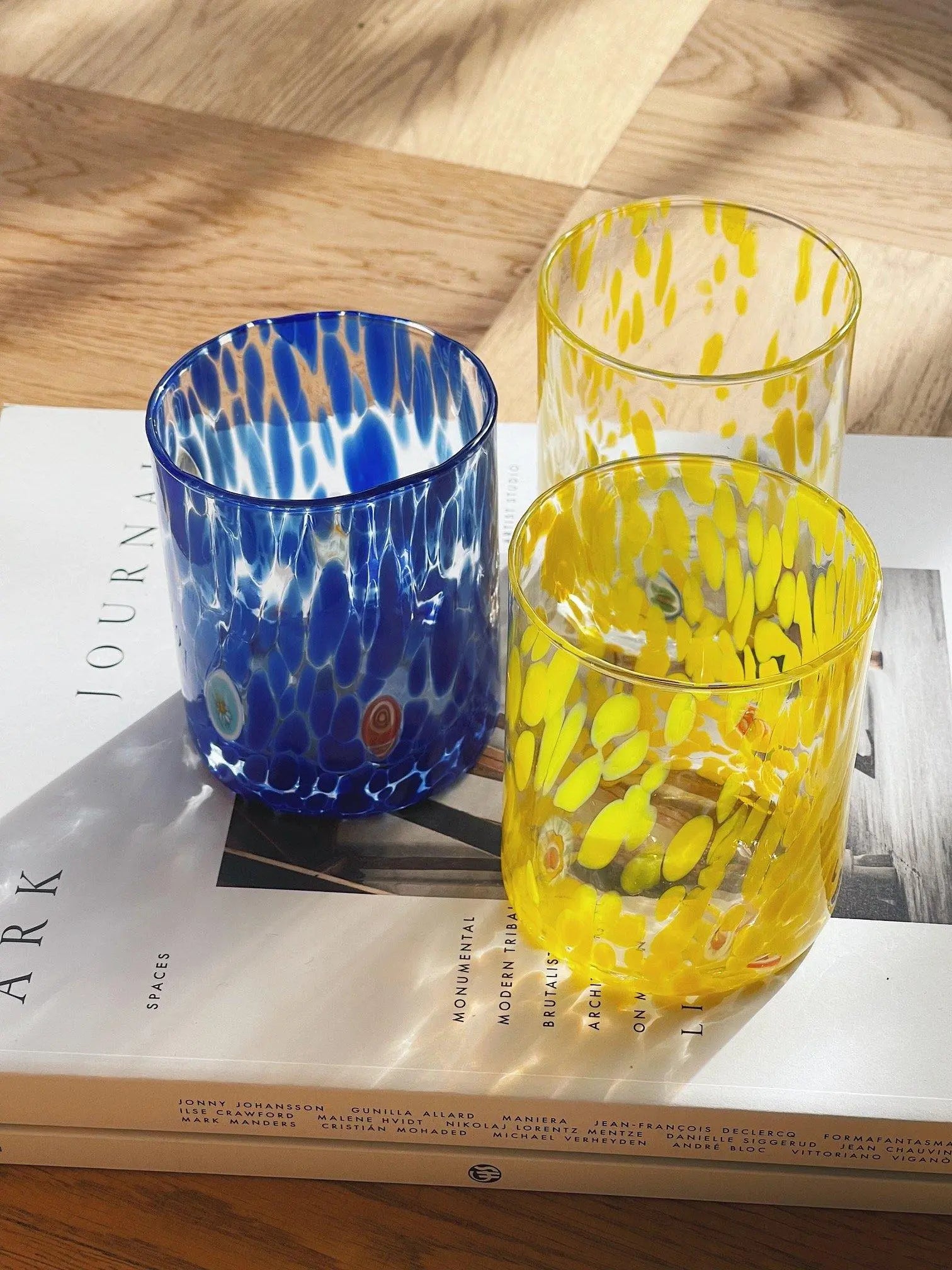 Murano Drikkeglas med flad bund | Gennemsigtig med gule pletter Murano
