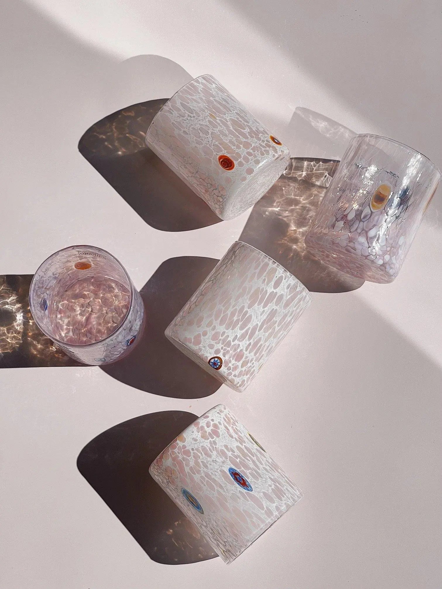 Murano Drikkeglas med flad bund | Hvid/Pink Murano