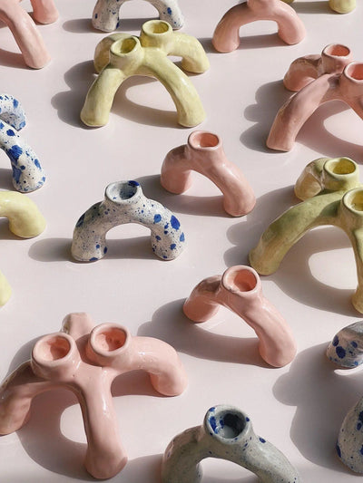 Twin keramik lysestage af Emma Heegaard | Gul Emma Heegaard